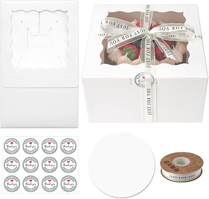 28 Pack cake boxes 9x9x5Inch Cake Boxes Bakery Boxes with Window for postres, Cookies, Donuts, Chocolate Covered Strawberries. (White, 995inch/28pcs)