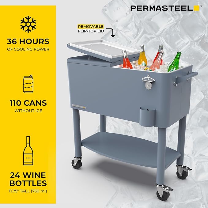 Permasteel 80 Quart Party Cooler, Rolling Ice Chest with Wheels and Handles for Indoor Outdoor Patio