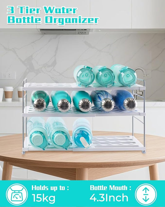 Water Bottle Organizer Holder for Cabinet, 3 Tier Expandable Water Bottle Storage Rack for Tumbler Travel Mug Cup Kitchen Pantry Organization and Storage for Stanley Cup