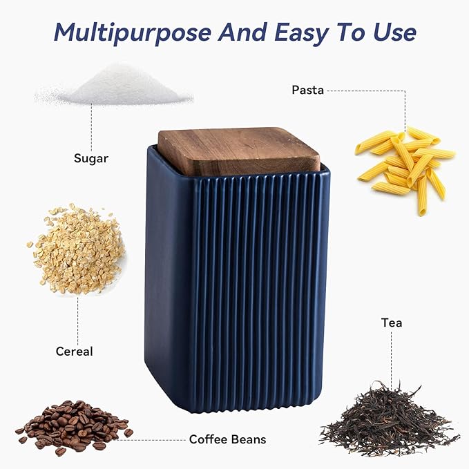 Ceramic Storage Jars Modern Elegant Highly Polished Airtight Storage Canisters with Lid Whiteware Food Stroage Jar for Kitchen Spice Tea Vanilla Sugar Coffee Beans (Blue-750ML)