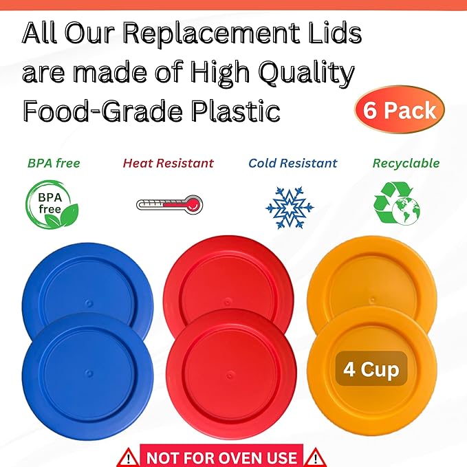 4 Cup/950 mL Orange, Red, Blue Replacement Lids/Covers for Pyrex 7201-PC, 4 Cup/32oz Anchor Hocking & Klare Ware Storage Bowls *Lids Only* - *Glass Container Not Included* (6 Pack, Orange, Red, Blue)