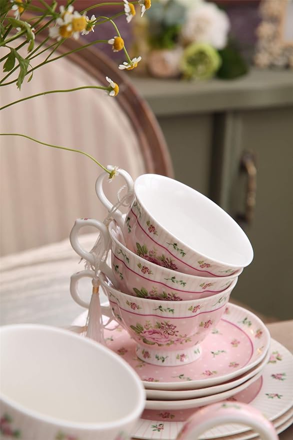 London Boutique Coffee Tea Cup and Saucer Set 4 Shabby Chic Vintage Porcelain Bird Butterfly Flora Gift Box 7.5OZ (Rose Pink)