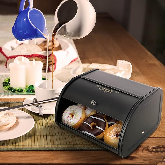 SOTECH Bread Box Vintage for Kitchen Food Grade Light-weight Metal Style Container for Storage Bin Countertop Keeper with Roll Top Farmhouse Rustic Holder Counter Black