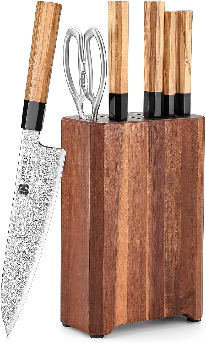 XINZUO Knife Block Set,Hand Forged 67 Layers Damascus Steel,7 Pieces Professional Chef Knife Set with Block&Kitchen Shear&Block, Razor Sharp, Olive Wood Octagonal Handle,Exquisite Box Package
