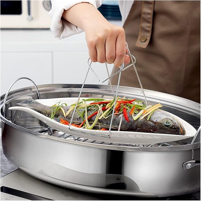 Stainless Steel Oval Roaster Pan with Lid – Oven & Dishwasher Safe Turkey Roasting Pot, Steaming Rack for Chicken, Fish, Lasagna(Large size A)