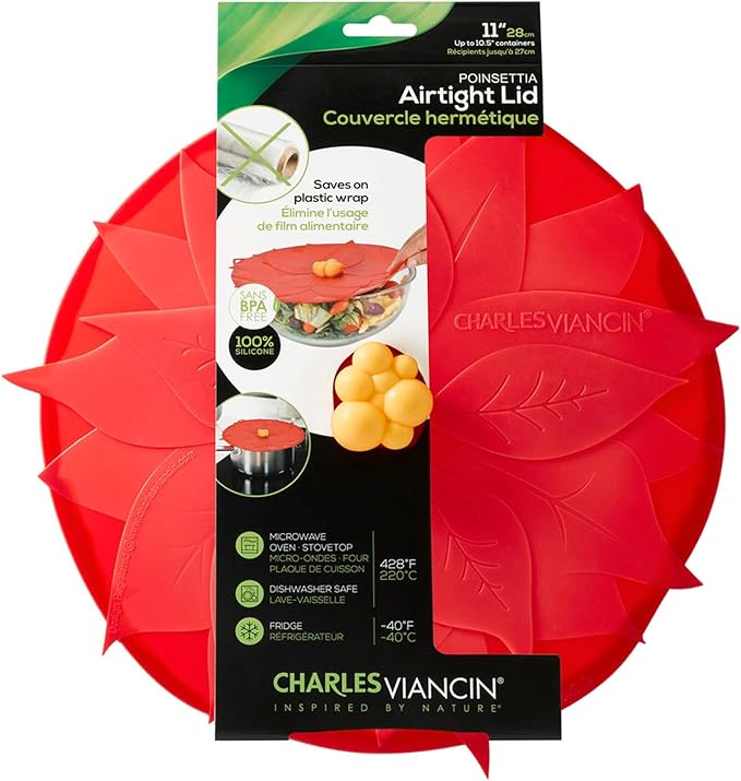 Charles Viancin Lids - Winter Themed - Airtight - 11-inch Poinsettia, 9-inch Holly, or 6-inch Winter Snowflake Christmas Designs (Poinsettia Lid - 11 Inch)
