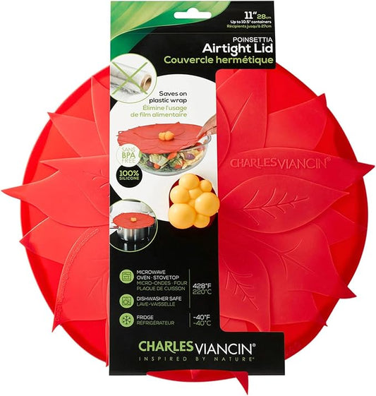 Charles Viancin Lids - Winter Themed - Airtight - 11-inch Poinsettia, 9-inch Holly, or 6-inch Winter Snowflake Christmas Designs (Poinsettia Lid - 11 Inch)