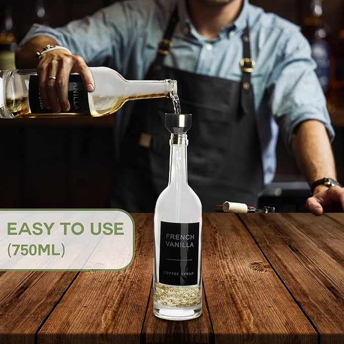 25.4 oz 750 ml Glass Coffee Syrup Dispenser for Coffee Bar With Pump & Lables Glass Syrup Bottle Included -4 Pack