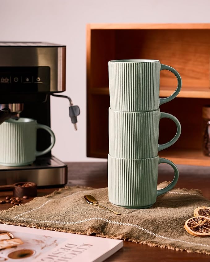 famiware Coffee Mug Set for 6, Star 12 oz Catering Mugs Cup Set with Handle for Coffee, Tea, Cocoa, Milk - Ceramic Stoneware Drinkware Set, Matte Green