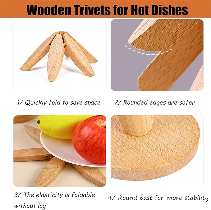 Wooden Trivets for Hot Dishes, Tree Shape Trivet Set, Foldable Kitchen Wooden Trivets, Tree Coaster for Hot Dishes、Pot、Bowl、teapot、hot Pot Holders (3 Piece-Walnut)