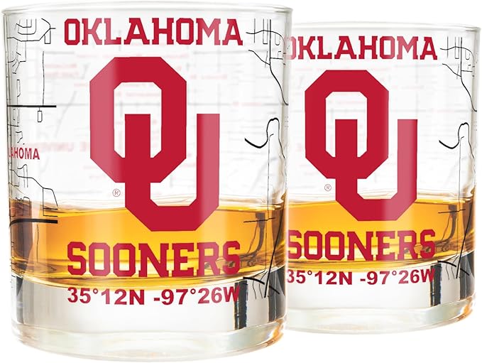 Greenline Goods – University of Oklahoma Sooners College Whiskey Glasses (Set of 2), 10 oz – Full-Color Logo + Campus Map