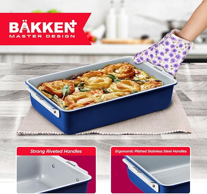 BAKKENMASTER Square Cake Pan - Aluminized Steel, Ceramic Non-Stick Coating, Non-Toxic, Ideal Size, Heavy-Duty, Elevate Your Baking with Durability and Style!