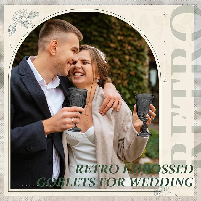 6 Pcs Plastic Goblets 7.5oz Vintage Goblet Plastic Wine Glasses Colored Retro Embossed Water Goblets for Wine Bar Juice Baby Shower Wedding Reception Grand Event Party (Black)