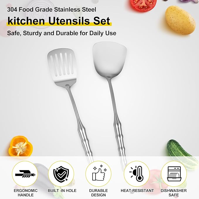 Stainless Steel Cooking Utensils Set Kitchen Tools Set, 2pcs Metal Utensils for Cooking, 14 inch Long Wok Utensils Set