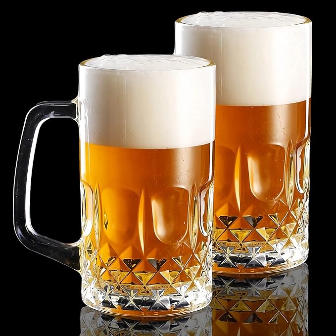 32 Ounces Beer Stein Mugs - 2 Pack Extra Large German Style Clear Tall Beer Glasses for Men - Heavy Duty Thick Glass With Handle