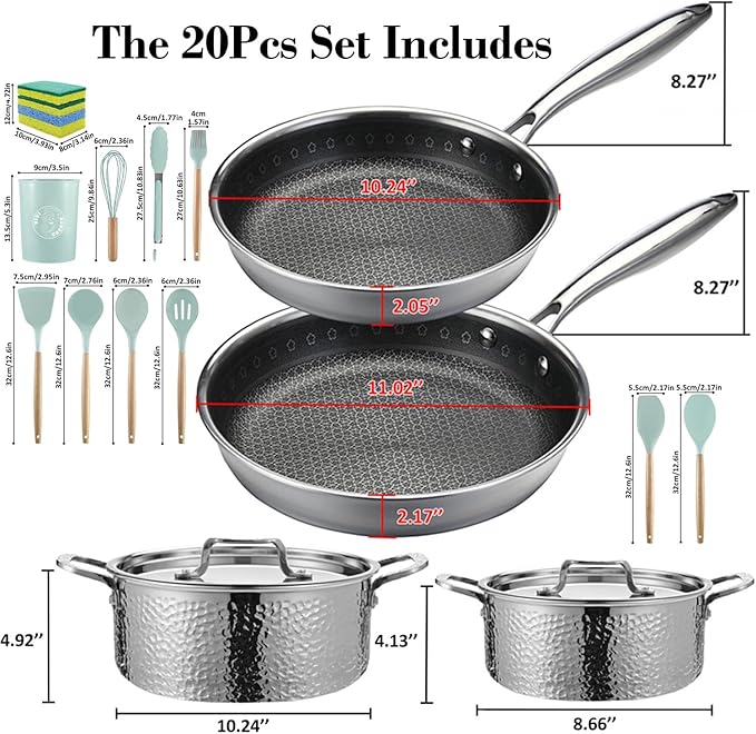 Vivicreate 20 Piece Stainless Steel Cooking Pot pots and Pan pans Cookware Set Non Toxic PFOA Free Non Stick Pots and Pans Hammered Design Induction Compatible Ollas de Acero Inoxidable