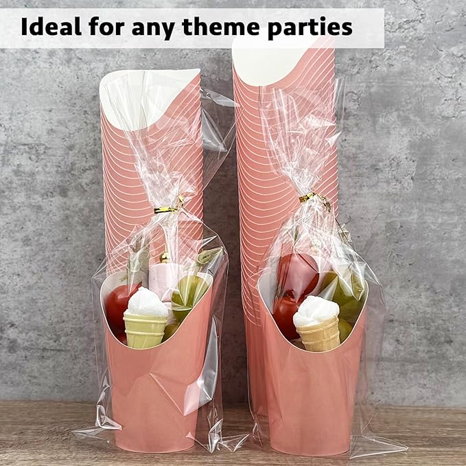 CAMKYDE 50 Sets Disposable Charcuterie Cups with Sticks and Bags, 12 oz Pink Paper Snack Appetizers Cup French Fry Holder with Cocktail Picks Toothpicks (50 Cups+50 Bags+200 Sticks)