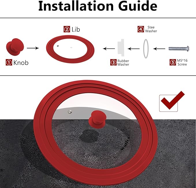 Universal Lid for Pots, Pans and Skillets - Walfos Tempered Glass Pan Lid with Heat Resistant Silicone Rim, BPA Free Large Pot Lids Fits 10", 11" and 12" Diameter Cookware, Dishwasher-Safe, Red