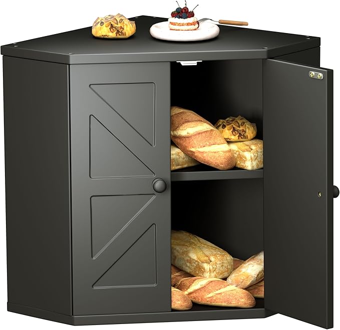 Corner Bread Box for Kitchen Countertop,Storage Container for Homemade Bread, Double Layer BreadBox, Large Capacity Bread Storage Bin, Vintage Farmhouse Breadbox Organizer,Black