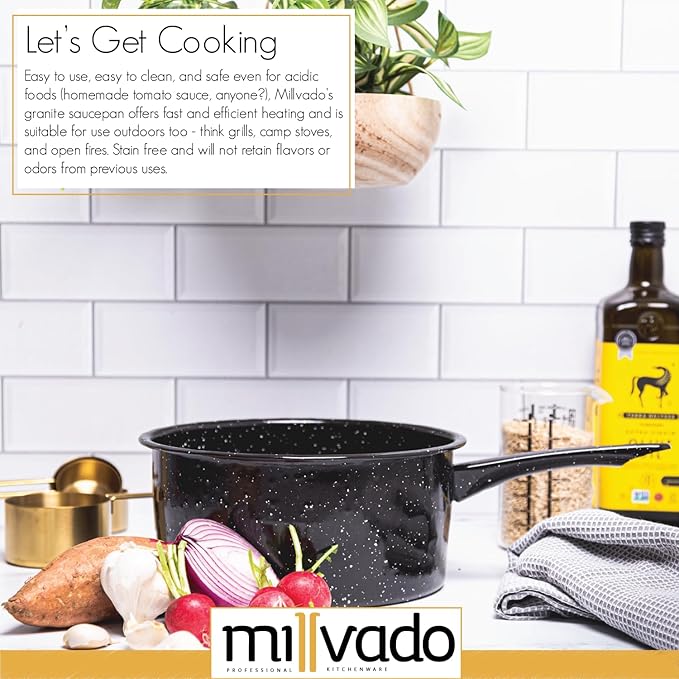 4 Quart Granite Saucepan, Naturally Nonstick Sauce Pots, Speckled Enamel Ware Cookware, Small Sauce Pan for Cooking and Boiling - Granite Cooking Pot for Stovetop, Campfire, Outdoor Stove