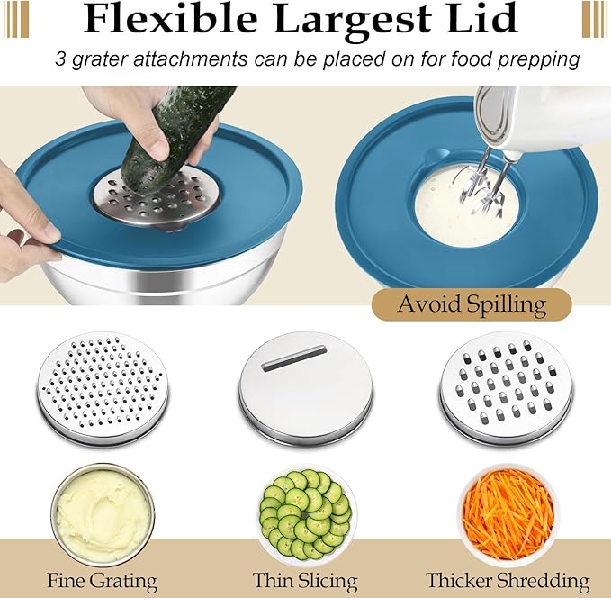 TeamFar Mixing Bowls with Lids Set, 6PCS Stainless Steel Metal Nesting Salad Bowl with 3 Grater Attachments, for Food Baking/Mixing/Serving/Storing, Dark Blue- 4.6/2.6/2 / 1.5/1 / 0.7 QT