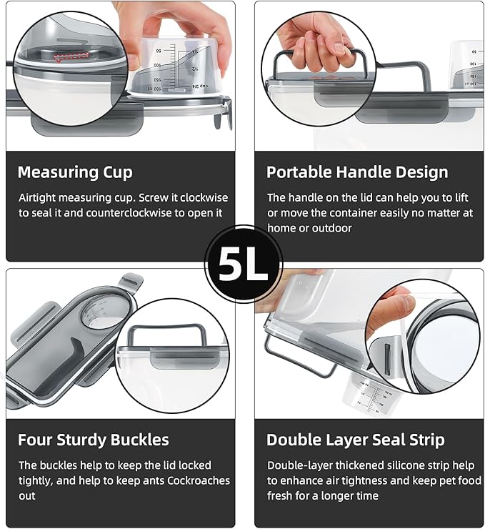 5-7Lbs Cat Dog Pet Food Storage Container with Large Nozzle Design/4 Safety Buckles/Double-Layer Sealing Strips/Handle/Measuring Cup is Easy to Clean and Does BPA-free (Clear Black)