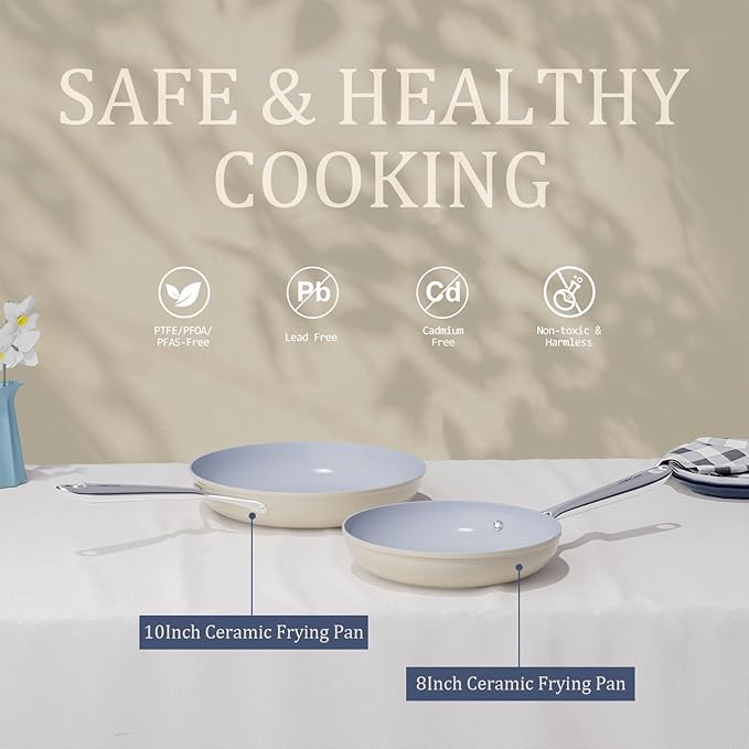 Nonstick Ceramic Frying Pan 10" Non Toxic Cooking Skillet for Eggs Pancakes & Stir Fry, Even Heat Distribution, PTFE/PFOA/PFAS Free, All Cookops Compatible, Stainless Steel Handle, Cream