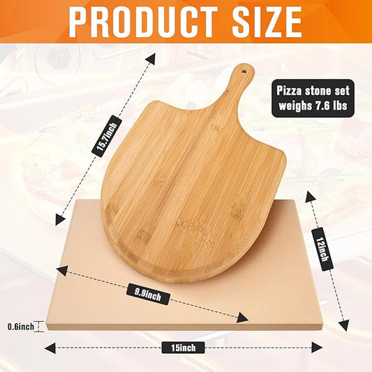 Pizza Stone for Oven and Grill with Wooden Pizza Peel paddle Large Baking Stone Bread Pizza for Pizza,Bread,Pie,BBQ Grill, Oven Baking 15 x 12 Inch