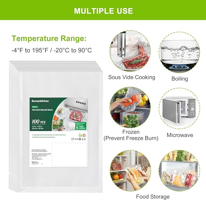 Bonsenkitchen Precut Vacuum Sealer Bags, 100 Gallon 11" x 16" Food Sealer Bags, Food Grade, BPA Free, Heavy Duty, Customized Vacuum Bags for Vac Storage, Meal Prep or Sous Vide Cooking, VB3214
