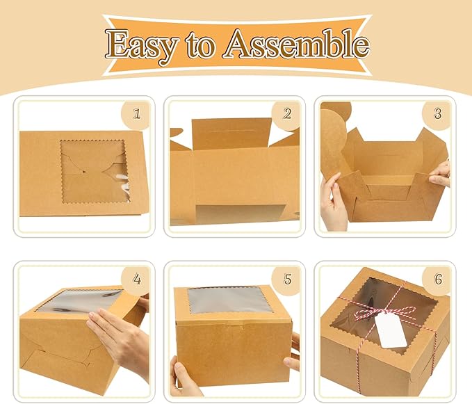 20Pcs 10 Inch Cake Boxes with Window, 10x10x5 Inches Brown Bakery Boxes, Cake Carrier Container for Pastries, Pie, Cookies, Chocolates, Cupcakes, Birthday Party, Wedding