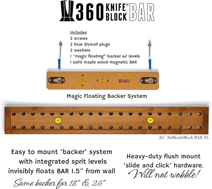 360KnifeBlock BAR XL - 4”x26” Guitar Wood, verticle hang wall mount knife BAR - integrated level, marine grade metal clips, two 2” wall screws - Guitar Wood 26"