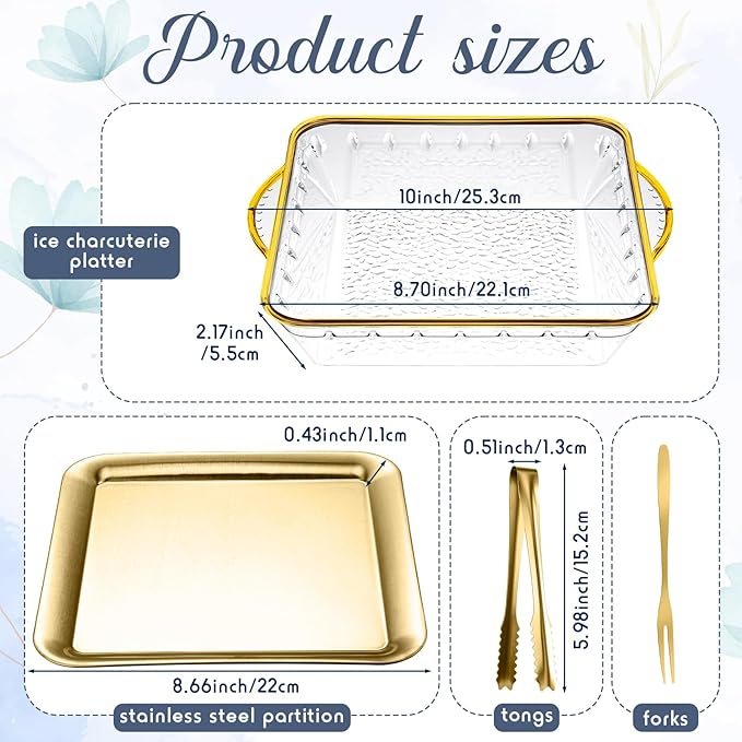 Baderke 9" Chilled Serving Tray for Parties with Compartments Ice Chilled Party Platter Charcuterie Serving Board Cold Dish Dip with Forks Tongs for Fruit Seafood Vegetable Appetizer(Gold,2 Set)