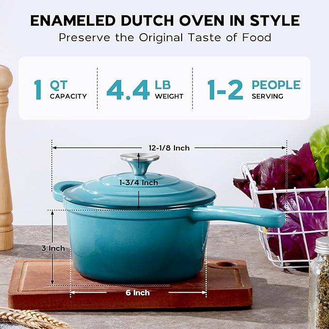Onader 1QT Saucepan with Lid, Enameled Cast Iron Sauce Pan, Small Cast Iron Pot for Cooking, Enameled Dutch Oven Nonstick & Heavy Duty – Dark Cyan