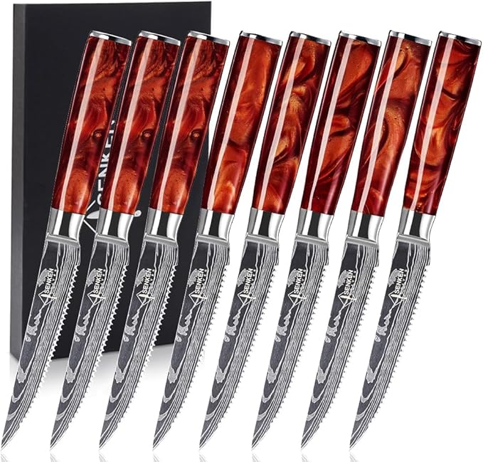 SENKEN Professional Steak Knife Set with Engraved Damascus Pattern, Razor Sharp Blade, High Carbon Stainless Steel with Beautiful Gift Box, Blue & Red Resin Handles