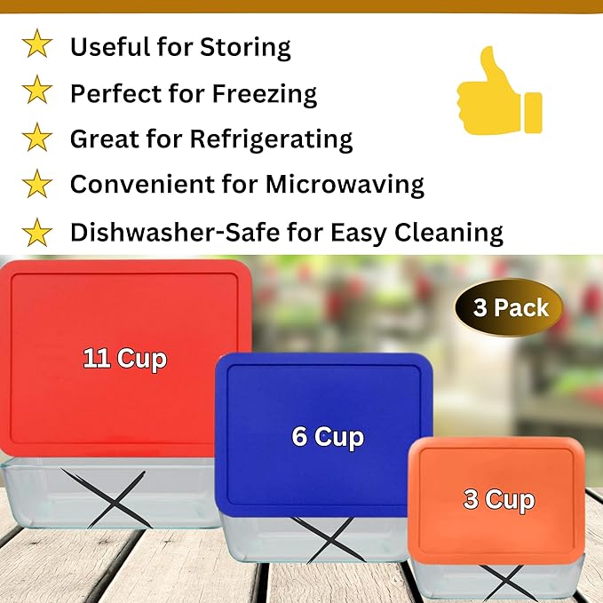 3, 6 & 11 Cup Orange, Blue, Red Replacement Lids/Covers for Pyrex, Anchor Hocking & KlareWare Storage Bowls *Lids Only Glass Container Not Included* (3 Pack *One of Each Size*)