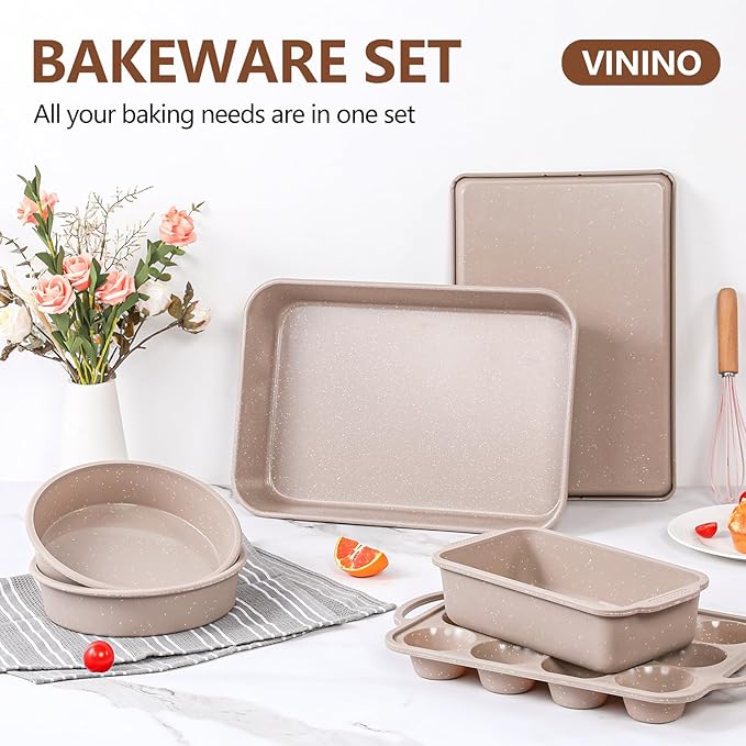 Vinino 6-Piece Baking Pans Set Nonstick, Bakeware Set includes Silicone Muffin, Loaf, Cake Pans with Metal Reinforced Frame. And includes Carbon Steel Roasting Pan, Cookie Sheet for Oven