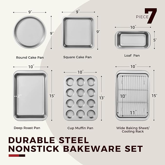 KITESSENSU Baking Pans Sets, Nonstick Bakeware Set 7-Piece with Round/Square Cake Pan, Loaf Pan, Muffin Pan, Cookie Sheet, Roast Pan, Cooling Rack, Carbon Steel Bake Set,Silver