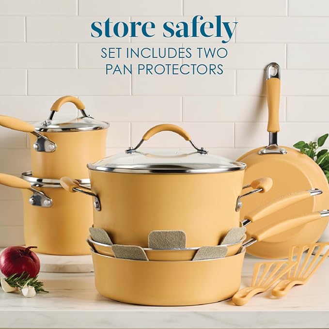 Rachael Ray Cucina Ceramic Cookware Set - 13 Pieces - Ceramic Pots and Pans Set w/Nonstick Frying Pans, Saute Pan, Saucepans, Stockpot, Lids, Pan Protectors & Cooking Utensils - Turmeric