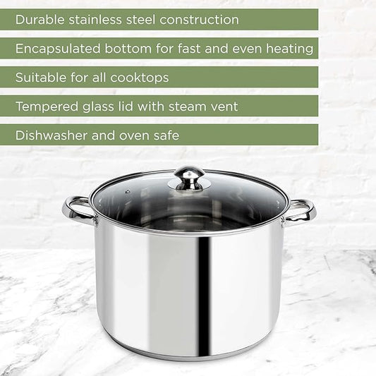 Ecolution Pure Intentions Stock Pot - Features Tempered Glass Lid, Stay-Cool Handles, and Encapsulated Bottom - Oven Safe - Curbside Recyclable Stainless Steel - 12 Quarts