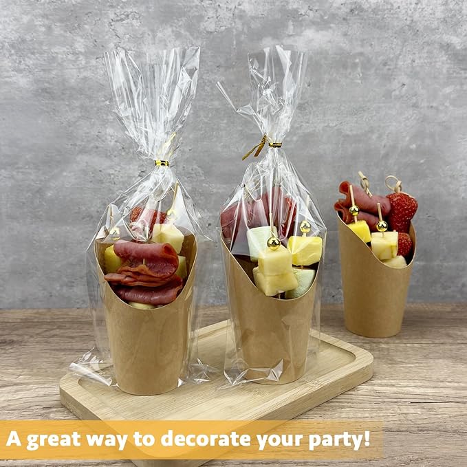 CAMKYDE 50 Sets Disposable Charcuterie Cups with Sticks and Bags, 12 oz Brown Kraft Paper Snack Appetizers Cup French Fry Holder with Cocktail Picks Toothpicks (50 Cups+50 Bags+200 Sticks)