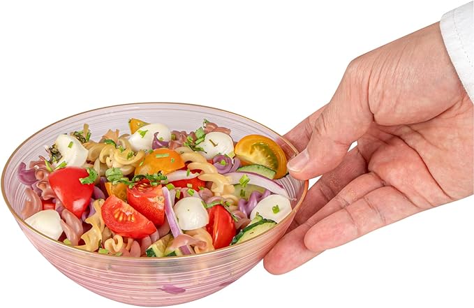 Restaurantware Plastic Bowls 20 Pcs 16 oz Gold Rimmed Disposable Soup Bowls Heavy-Duty Pink Translucent Rippled Dinnerware Containers for Party, Desserts, Salads, Snacks, and Catering