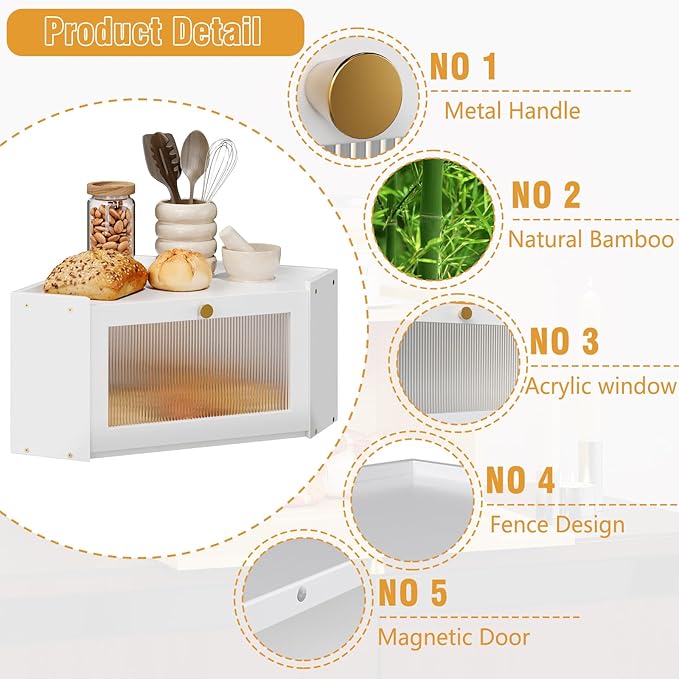 Corner Bamboo Bread Box for Kitchen Counter Large Capacity Rustic Bread Storage Container with Wavy Arcylic Transparent Door Vintage Storage for Homemade Bread (White)