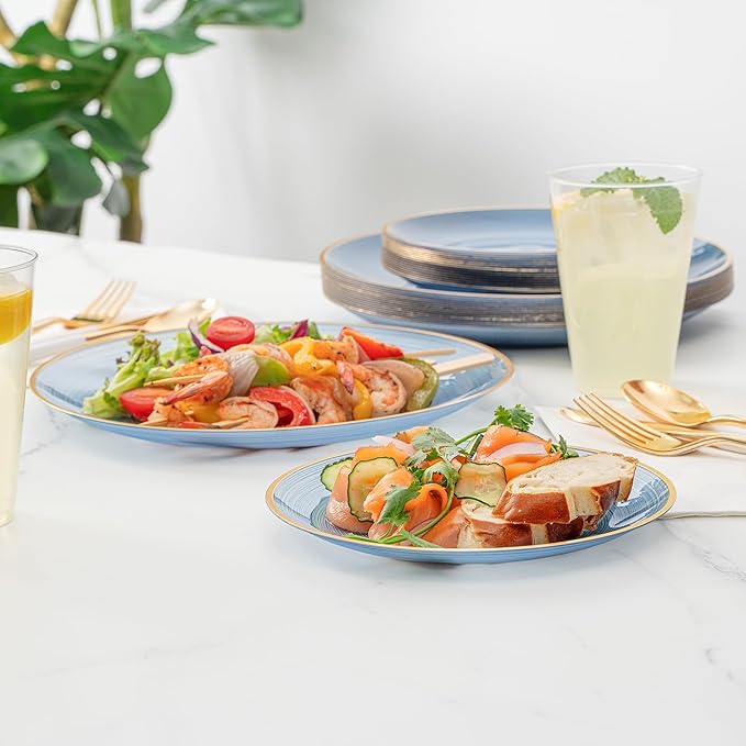 Restaurantware Plastic Plates 200 Pcs 7.13" and 10" Combo Gold Rimmed Plate Set Disposable Heavy-Duty Blue Translucent Rippled Plastic Dinner Servers for Party, Weddings, Salads, Desserts
