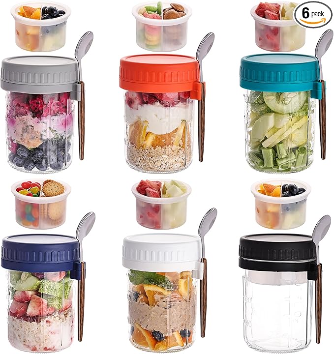 6 Pack Overnight Oats Containers with Lids and Spoons, 16 OZ Glass Mason Jars with Removable Separate Compartments, Airtight Leak Proof Oatmeal Container for Chia Pudding, Yogurt, Breakfast, Cereal