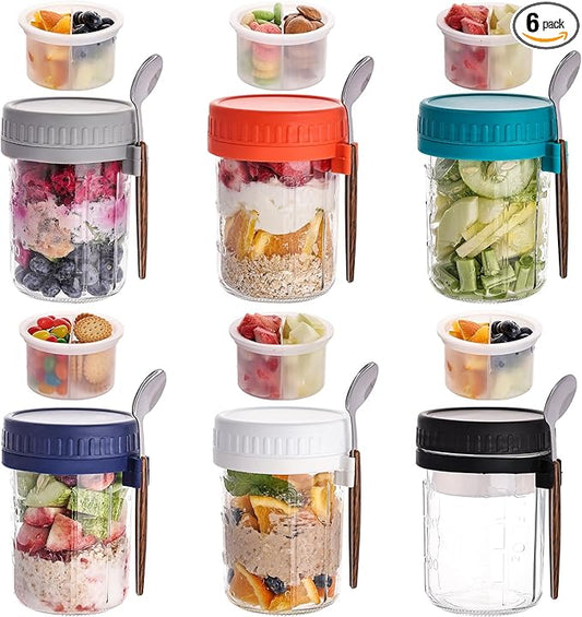 6 Pack Overnight Oats Containers with Lids and Spoons, 16 OZ Glass Mason Jars with Removable Separate Compartments, Airtight Leak Proof Oatmeal Container for Chia Pudding, Yogurt, Breakfast, Cereal