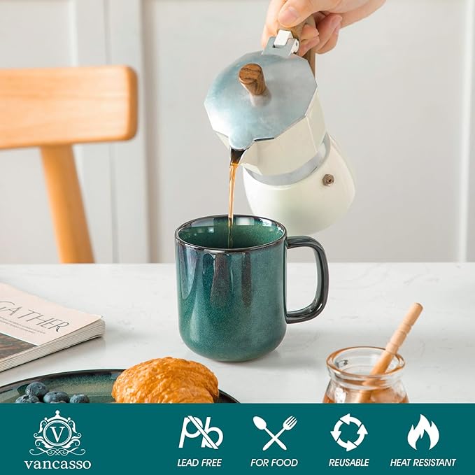 vancasso STARRY Coffee Mugs Set, 12 oz Ceramic Coffee Cups for Latte Hot Tea Cappuccino Cocoa Milk Stoneware Cups Set of 6, Dishwasher & Microwave Safe, Green