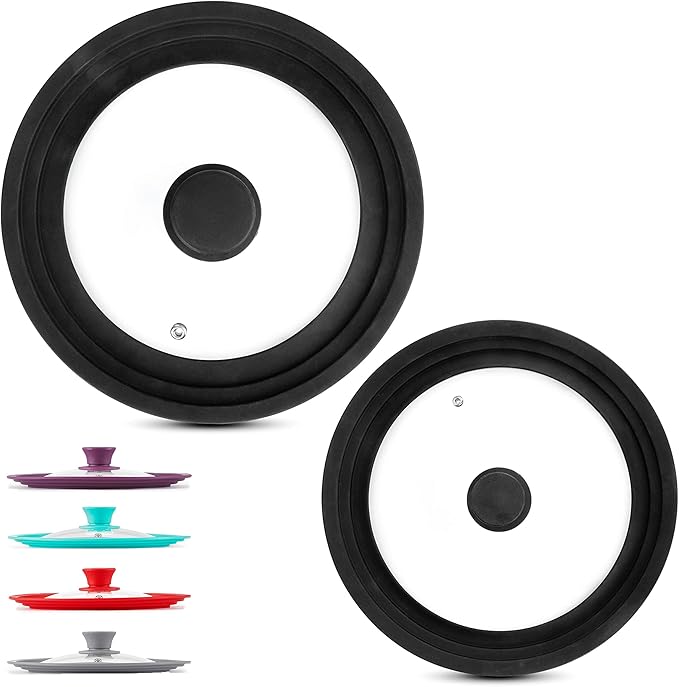 Modern Innovations Universal Lids (Set of 2) Fits 7 to 12-Inch Cookware, Silicone Replacement Pan Lid, Glass Top Covers for Skillets, Pots, Frying Pans, Cast Iron, CrockPot - Black
