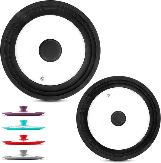 Modern Innovations Universal Lids (Set of 2) Fits 7 to 12-Inch Cookware, Silicone Replacement Pan Lid, Glass Top Covers for Skillets, Pots, Frying Pans, Cast Iron, CrockPot - Black