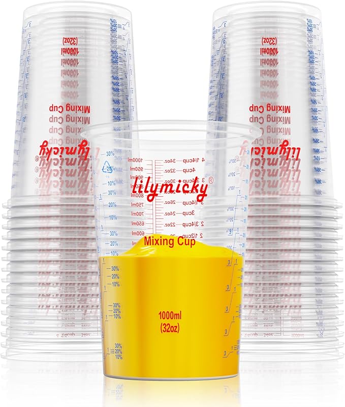 25 PACK Plastic Measuring Cups, 32 oz (1000ml) Disposable Mixing Cups, Measurement ratios: 2:1, 3:1, 4:1, Perfect for Epoxy Resin, Paint Mixing, Art DIY