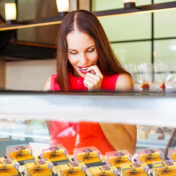 50 Pcs 3.5 Inch Mini Cake Containers - Clear Plastic Cupcake & Muffin Dessert Holders - Mooncake & Cookie Boxes - Wedding & Birthday Gift Box Set With 50 Pcs Stickers